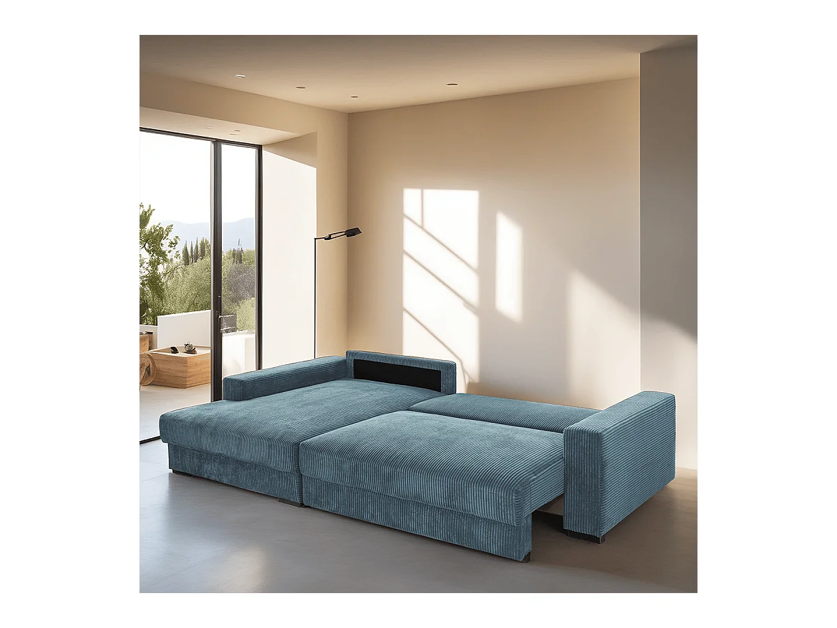 Canapé d'angle à gauche convertible 3 places avec coffre en velours côtelé bleu gris - Arty