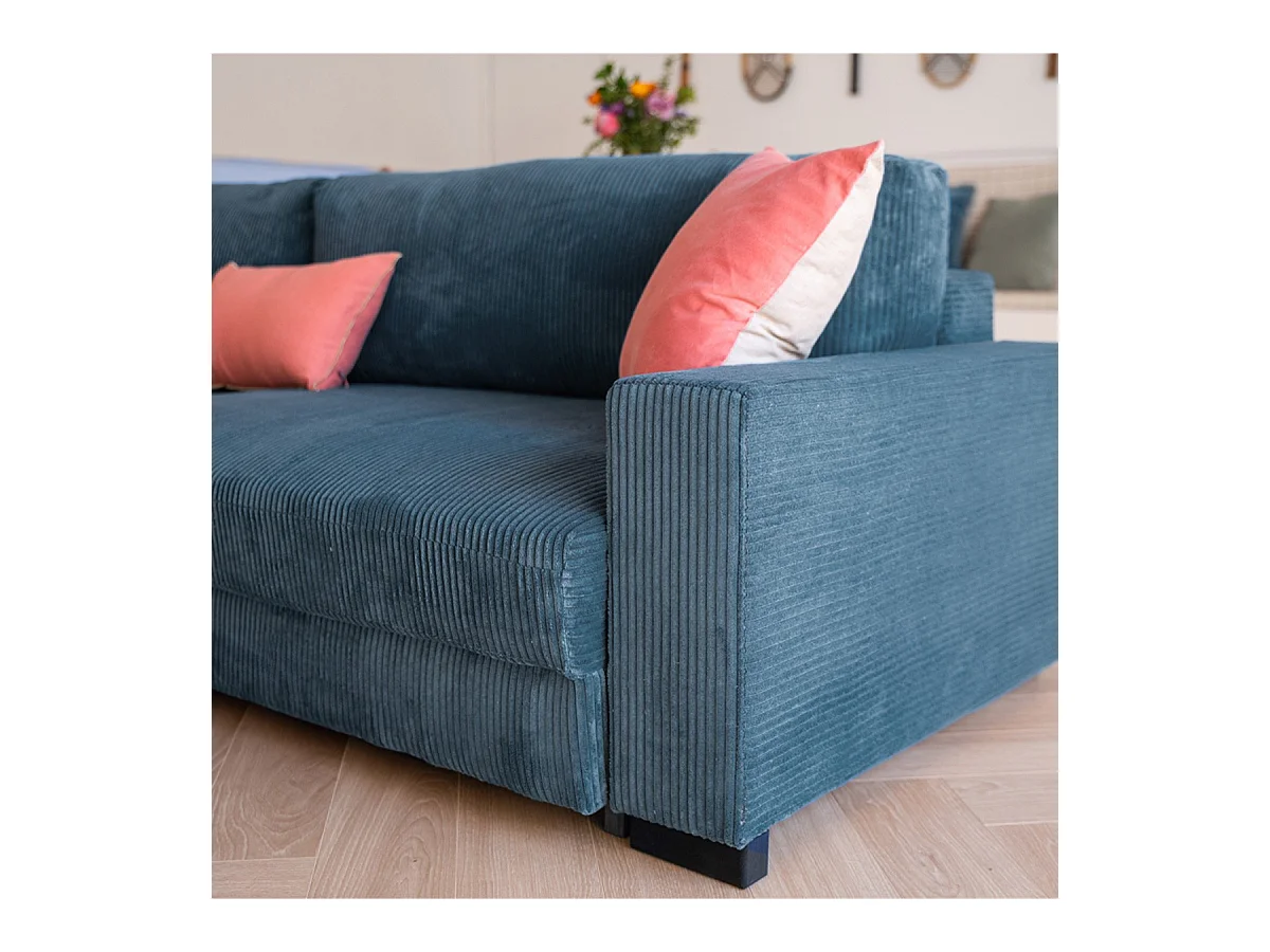 Canapé d'angle à gauche convertible 3 places avec coffre en velours côtelé bleu gris - Arty