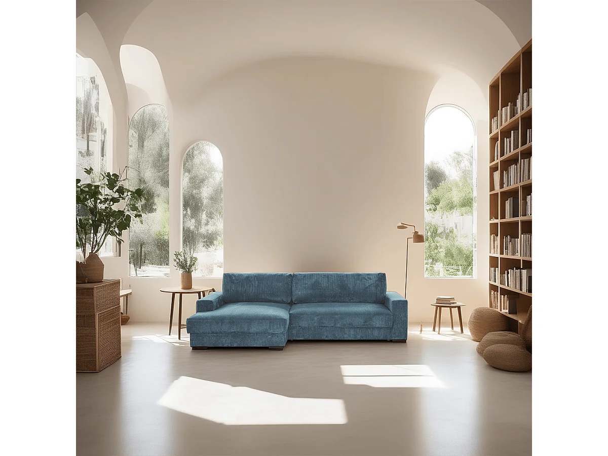 Canapé d'angle à gauche convertible 3 places avec coffre en velours côtelé bleu gris - Arty