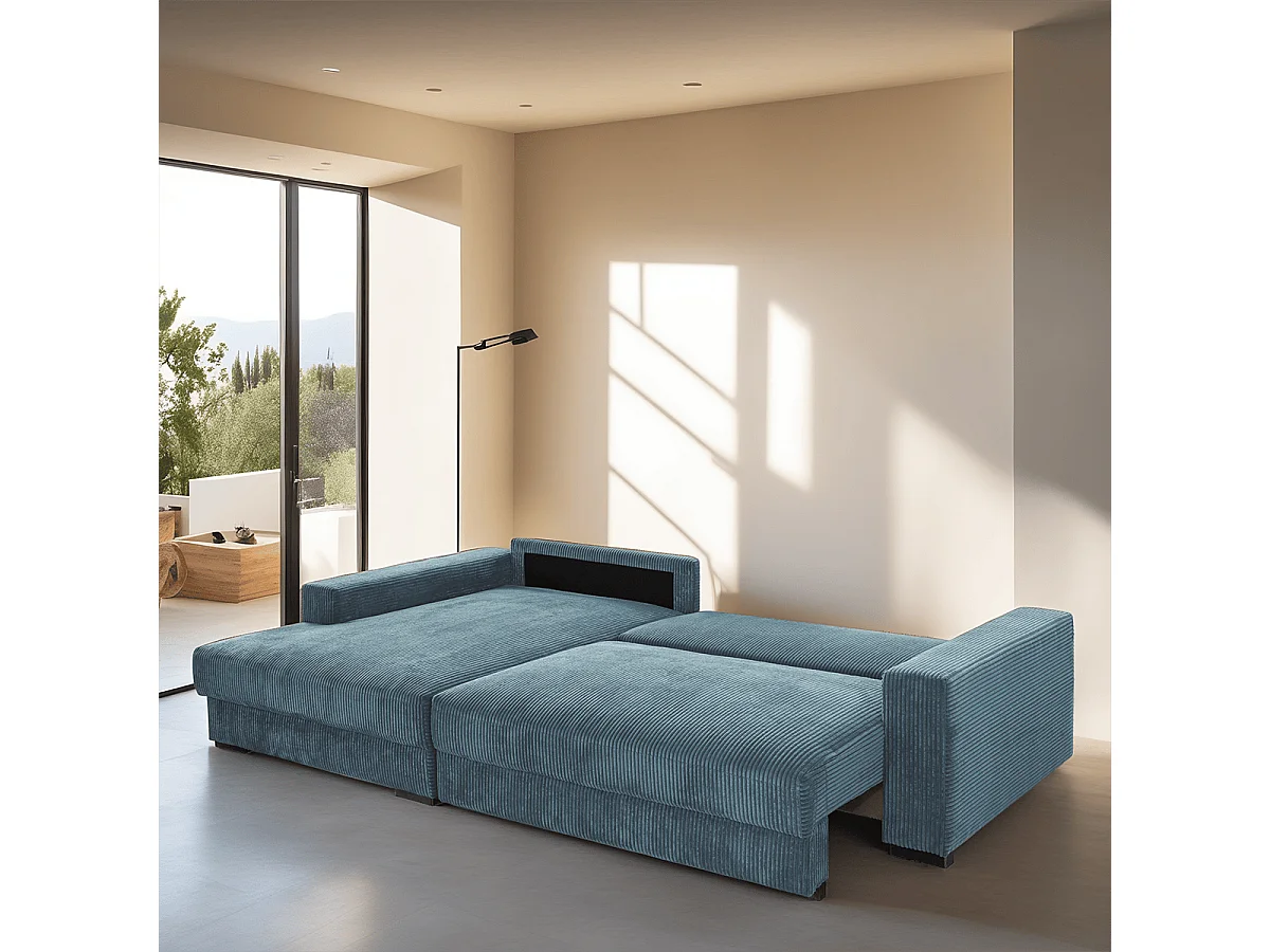 Canapé d'angle à gauche convertible 3 places avec coffre en velours côtelé bleu gris - Arty