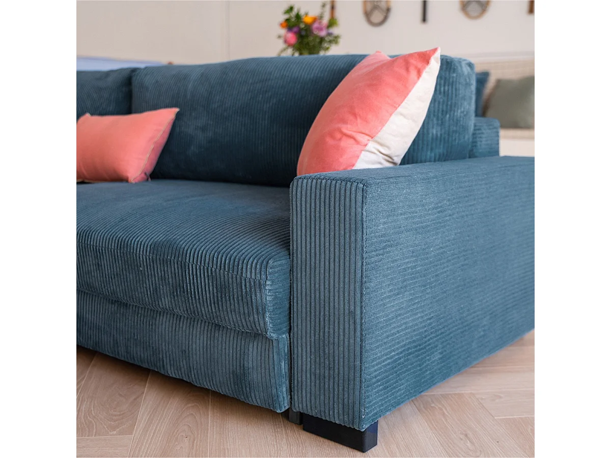 Canapé d'angle à gauche convertible 3 places avec coffre en velours côtelé bleu gris - Arty