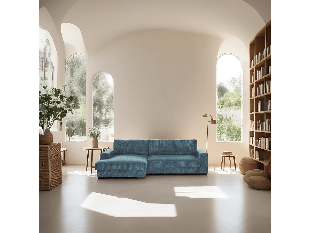 Canapé d'angle à gauche convertible 3 places avec coffre en velours côtelé bleu gris - Arty