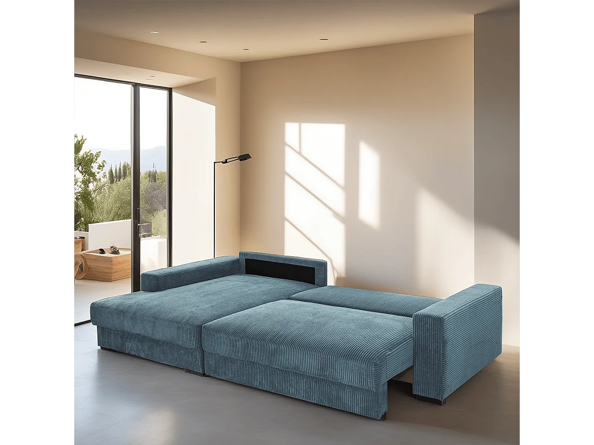 Canapé d'angle à gauche convertible 3 places avec coffre en velours côtelé bleu gris - Arty