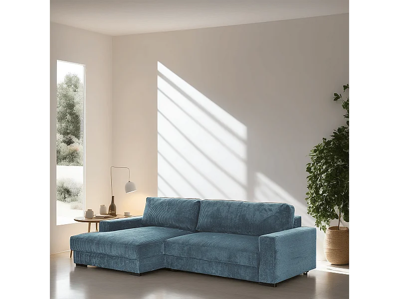 Canapé d'angle à gauche convertible 3 places avec coffre en velours côtelé bleu gris - Arty