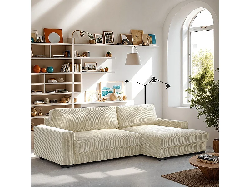 Canapé d'angle à droite convertible 3 places avec coffre en velours côtelé beige - Arty