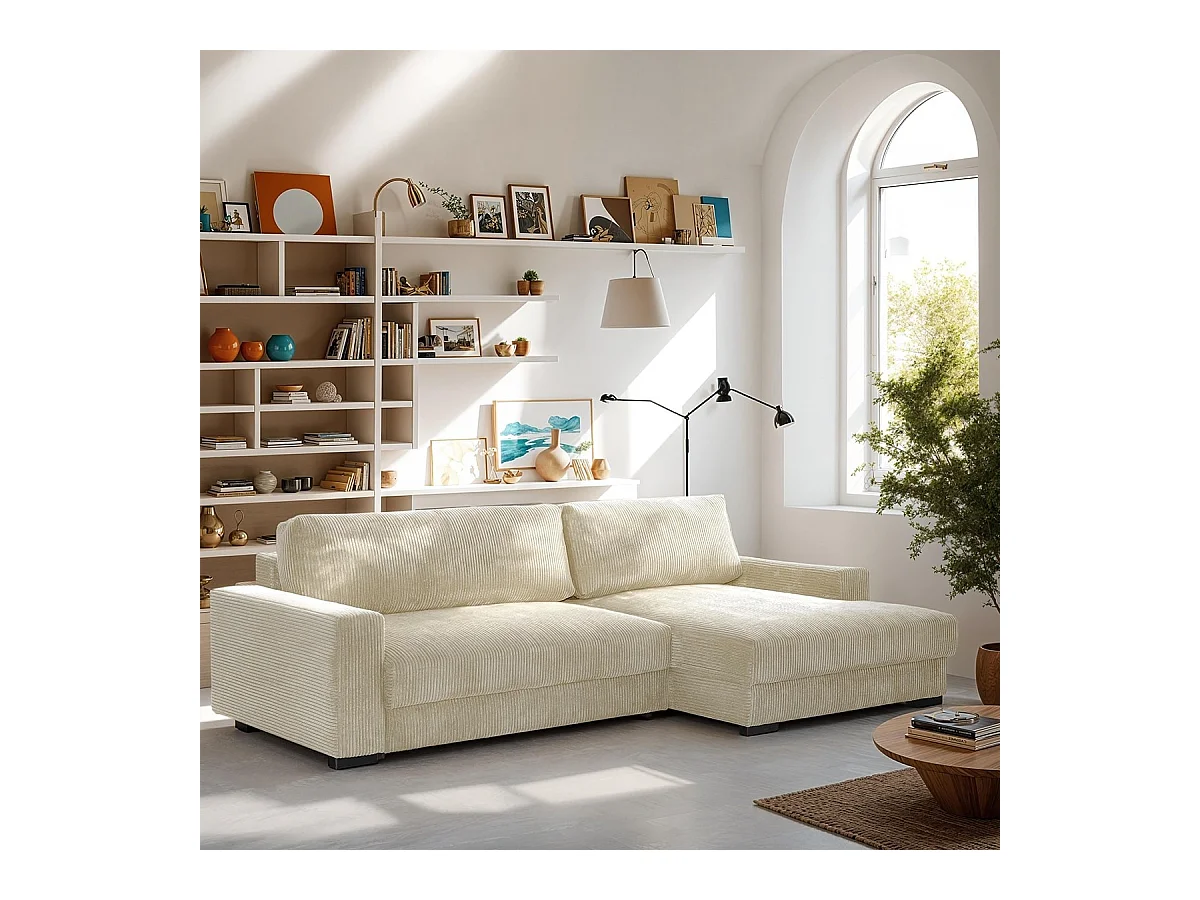 Canapé d'angle à droite convertible 3 places avec coffre en velours côtelé beige - Arty