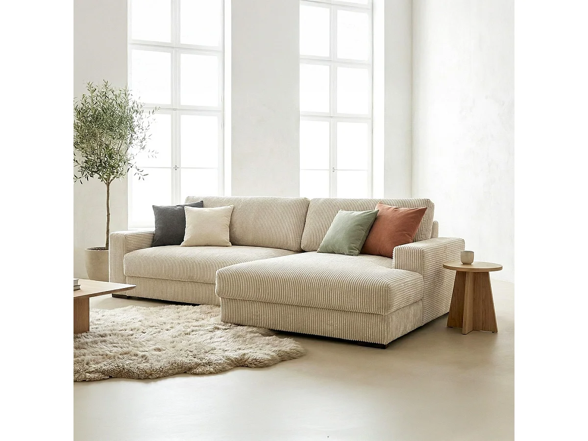 Canapé d'angle à droite convertible 3 places avec coffre en velours côtelé beige - Arty