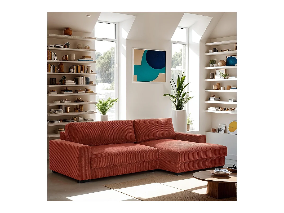 Canapé d'angle à droite convertible 3 places avec coffre en velours côtelé rouille - Arty