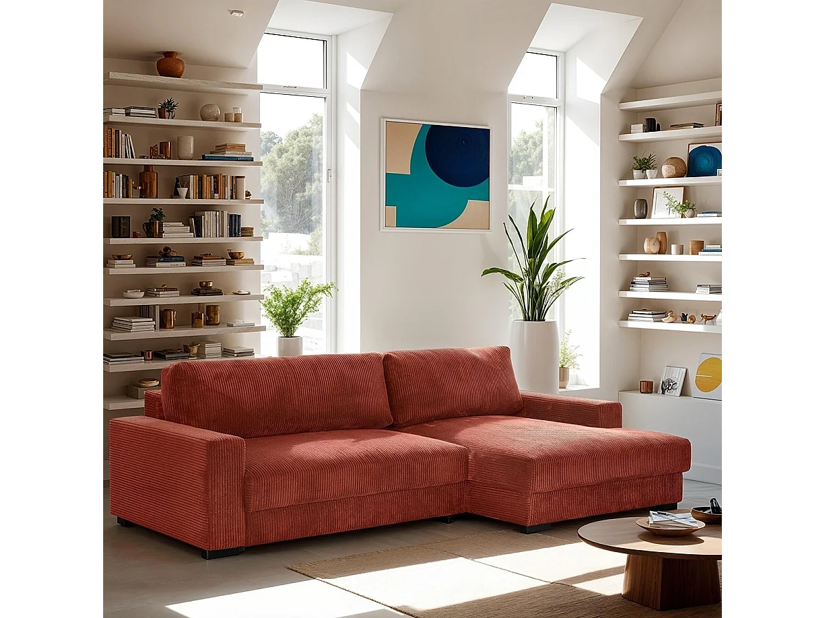 Canapé d'angle à droite convertible 3 places avec coffre en velours côtelé rouille - Arty