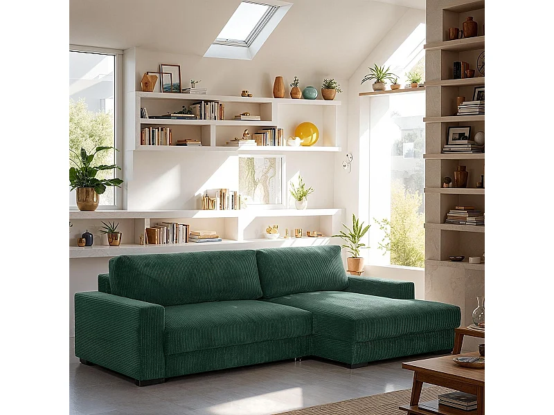 Canapé d'angle à droite convertible 3 places avec coffre en velours côtelé vert foncé - Arty