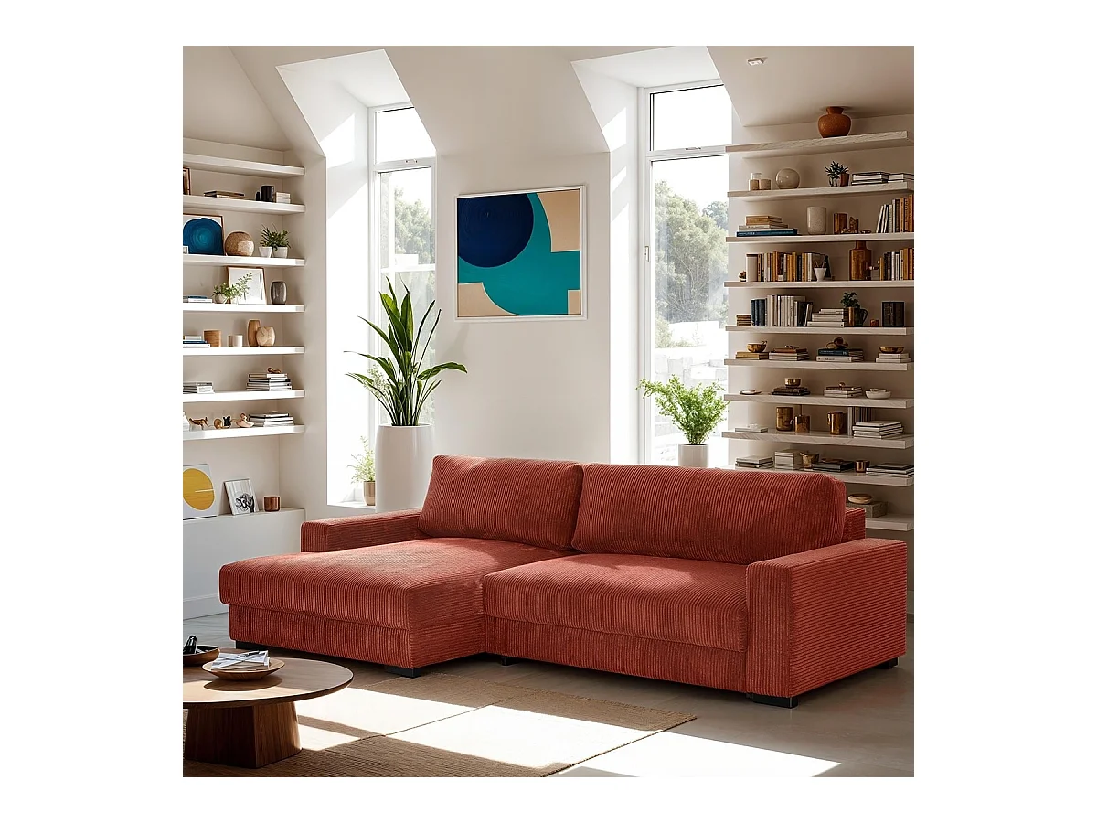 Canapé d'angle à gauche convertible 3 places avec coffre en velours côtelé rouille - Arty