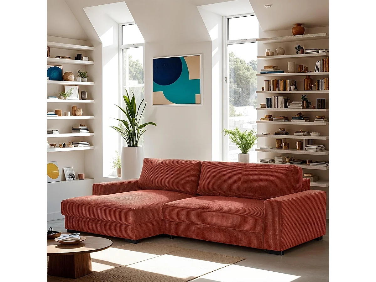 Canapé d'angle à gauche convertible 3 places avec coffre en velours côtelé rouille - Arty