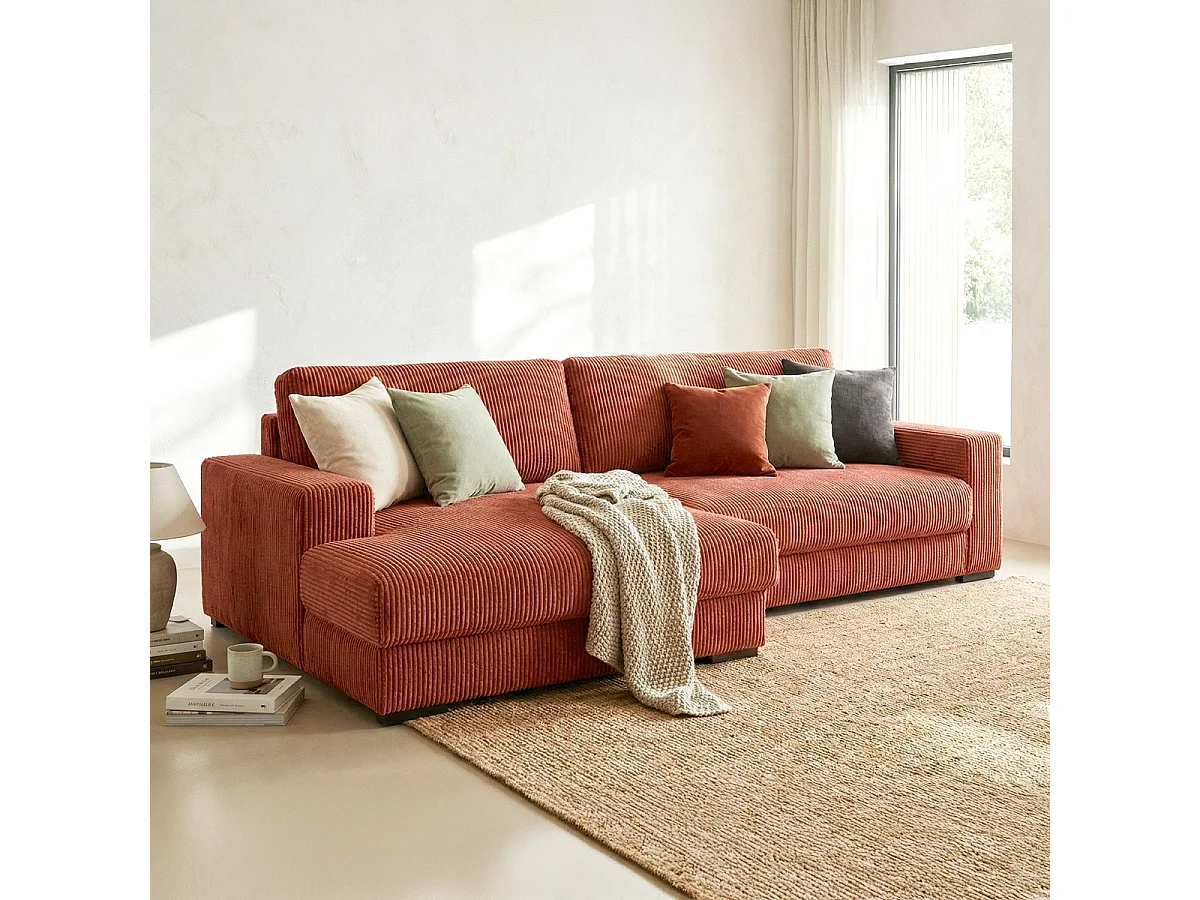 Canapé d'angle à gauche convertible 3 places avec coffre en velours côtelé rouille - Arty