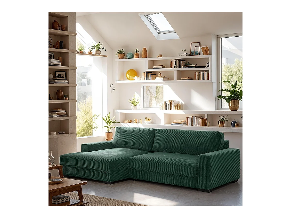 Canapé d'angle à gauche convertible 3 places avec coffre en velours côtelé vert foncé - Arty