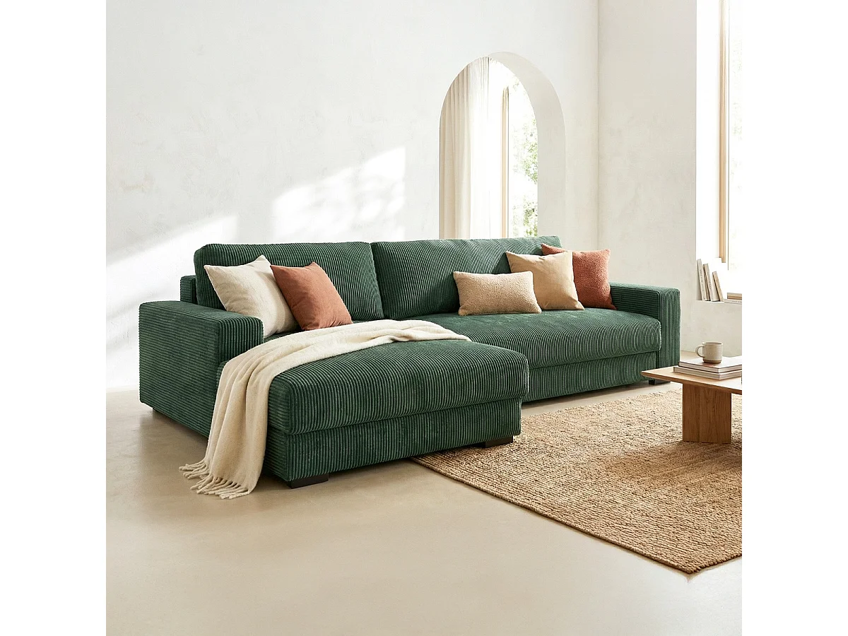 Canapé d'angle à gauche convertible 3 places avec coffre en velours côtelé vert foncé - Arty