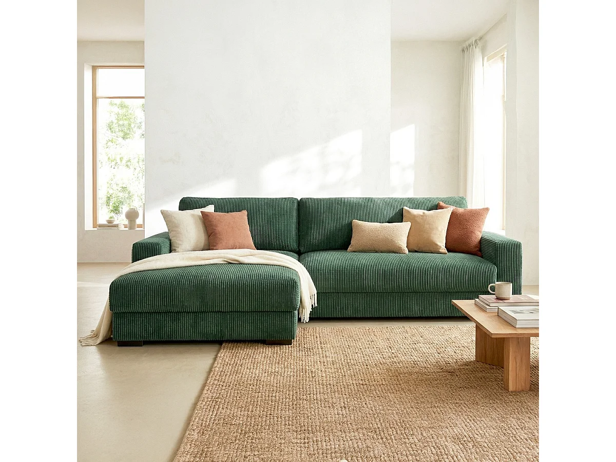 Canapé d'angle à gauche convertible 3 places avec coffre en velours côtelé vert foncé - Arty