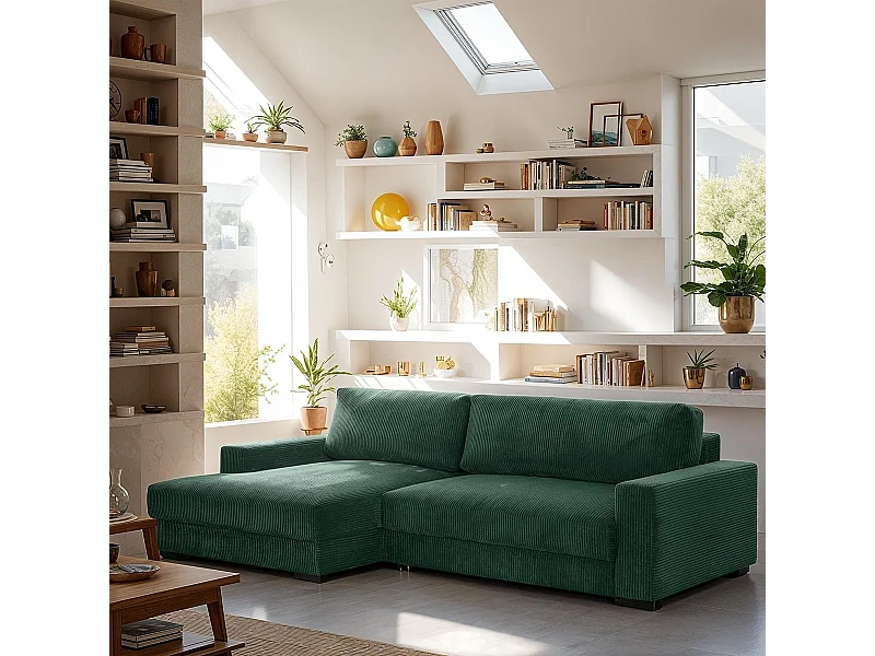 Canapé d'angle à gauche convertible 3 places avec coffre en velours côtelé vert foncé - Arty