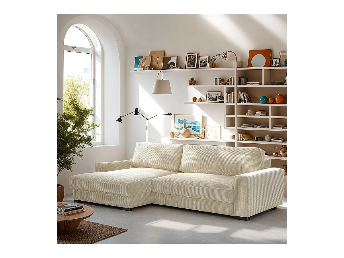 Canapé d'angle à gauche convertible 3 places avec coffre en velours côtelé beige - Arty