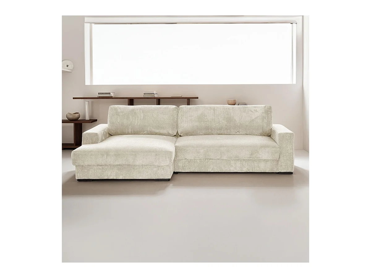 Canapé d'angle à gauche convertible 3 places avec coffre en velours côtelé beige - Arty