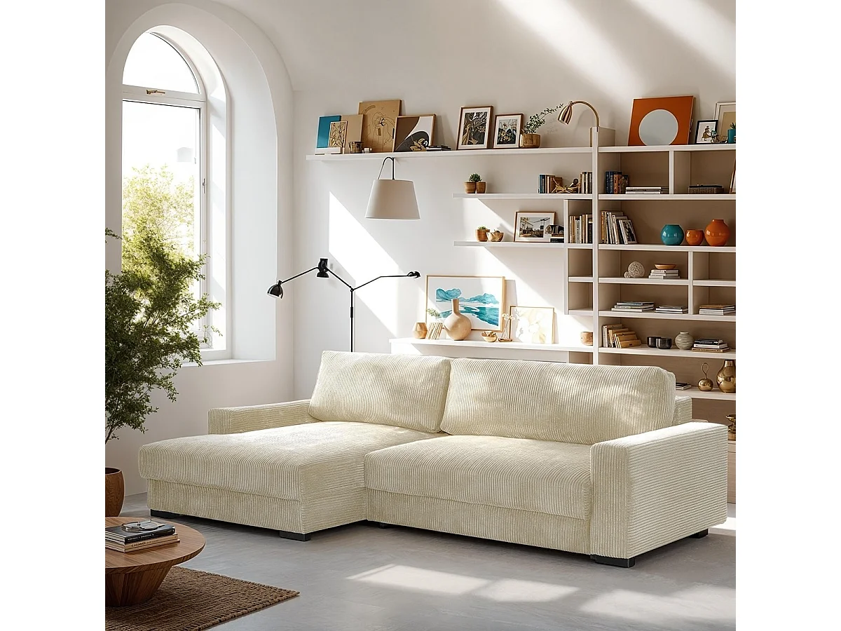 Canapé d'angle à gauche convertible 3 places avec coffre en velours côtelé beige - Arty