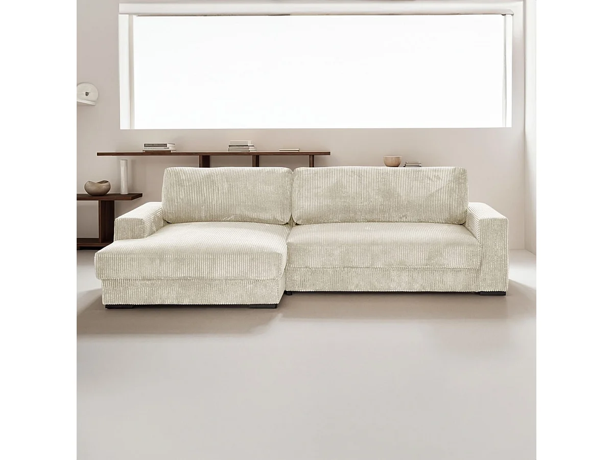 Canapé d'angle à gauche convertible 3 places avec coffre en velours côtelé beige - Arty