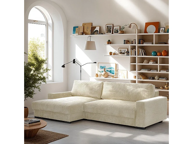 Canapé d'angle à gauche convertible 3 places avec coffre en velours côtelé beige - Arty