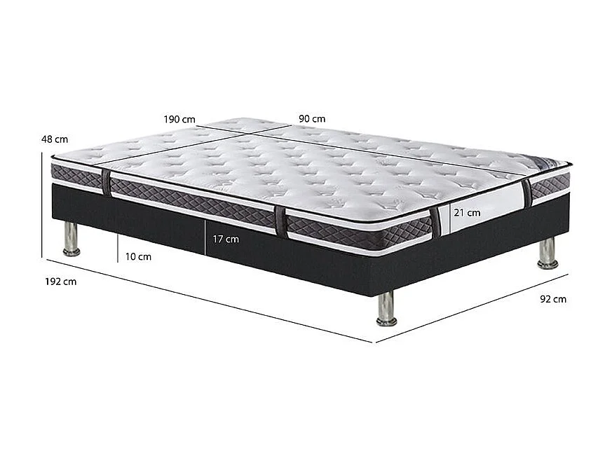 Pack lit 90 x 190 cm sommier simili noir + matelas - REMIMOS