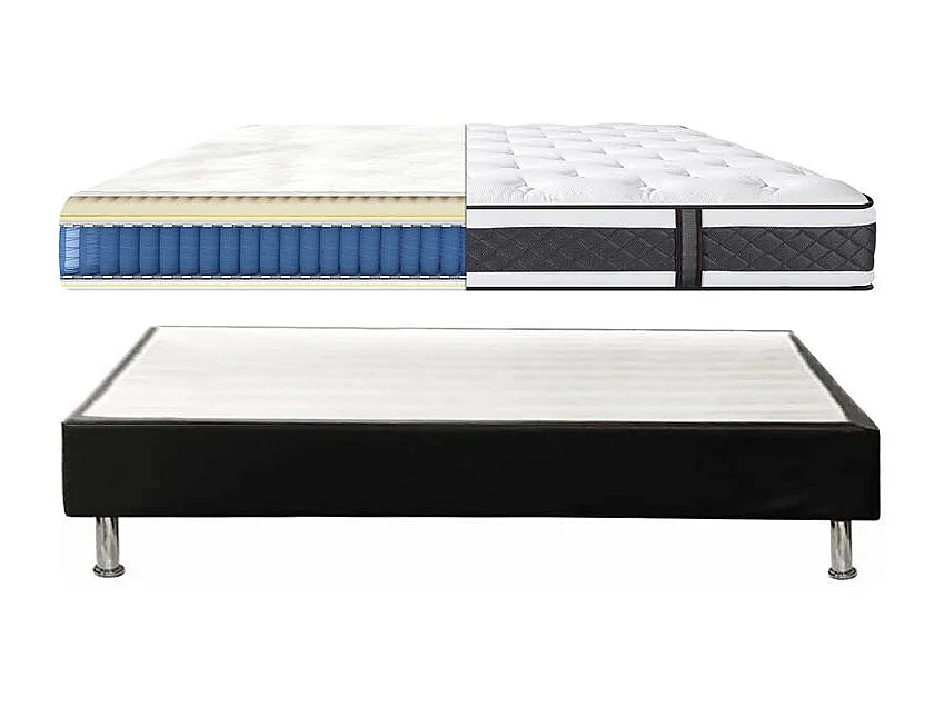 Pack lit 90 x 190 cm sommier simili noir + matelas - REMIMOS