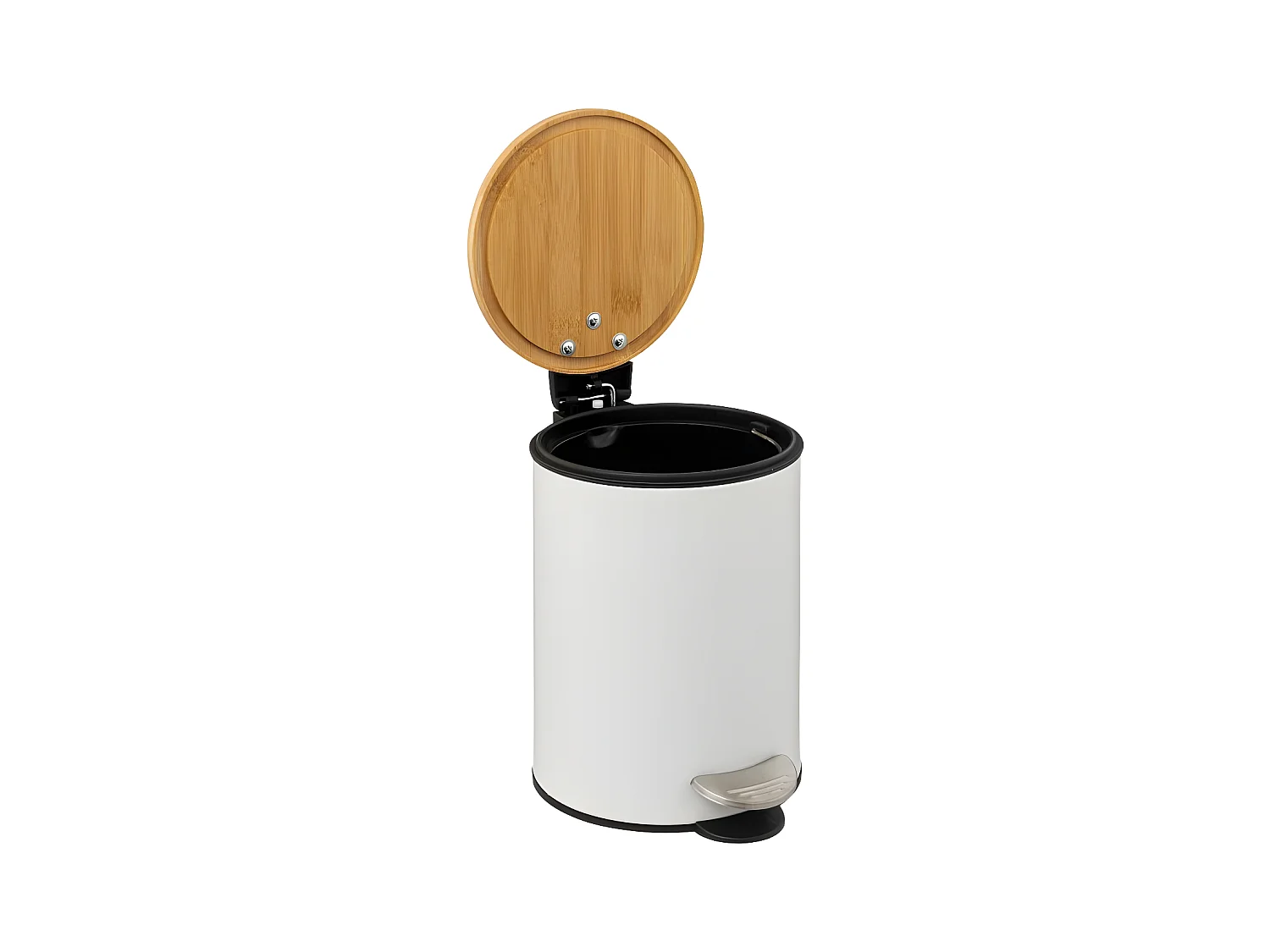 Kosz łazienkowy z białego metalu 3L z pokrywą z bambusa