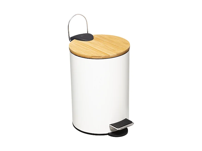 Poubelle de salle de bain en métal Blanc et couvercle en Bambou 3 L
