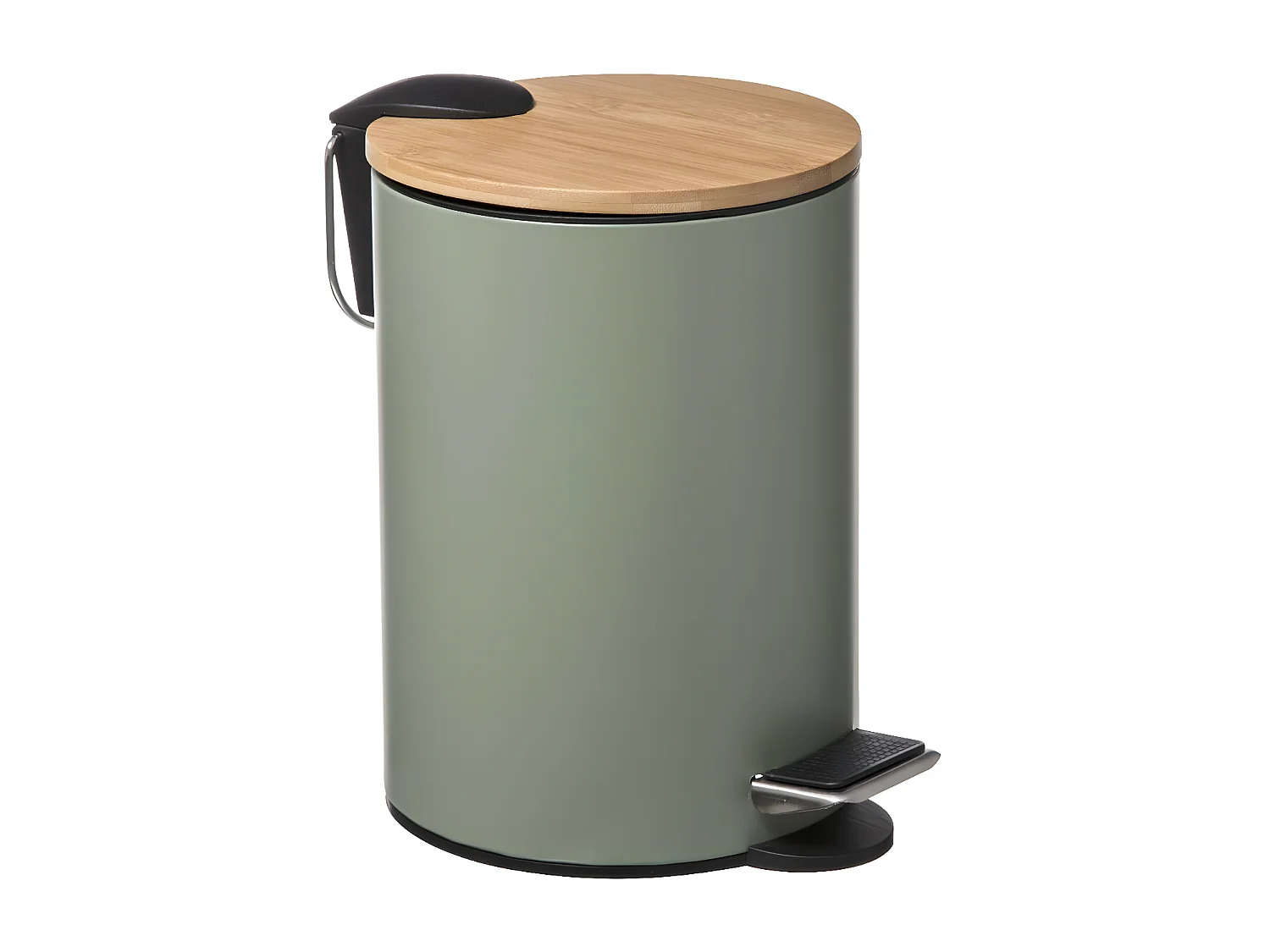 Poubelle de salle de bain en métal Vert Kaki et couvercle en Bambou 3 L