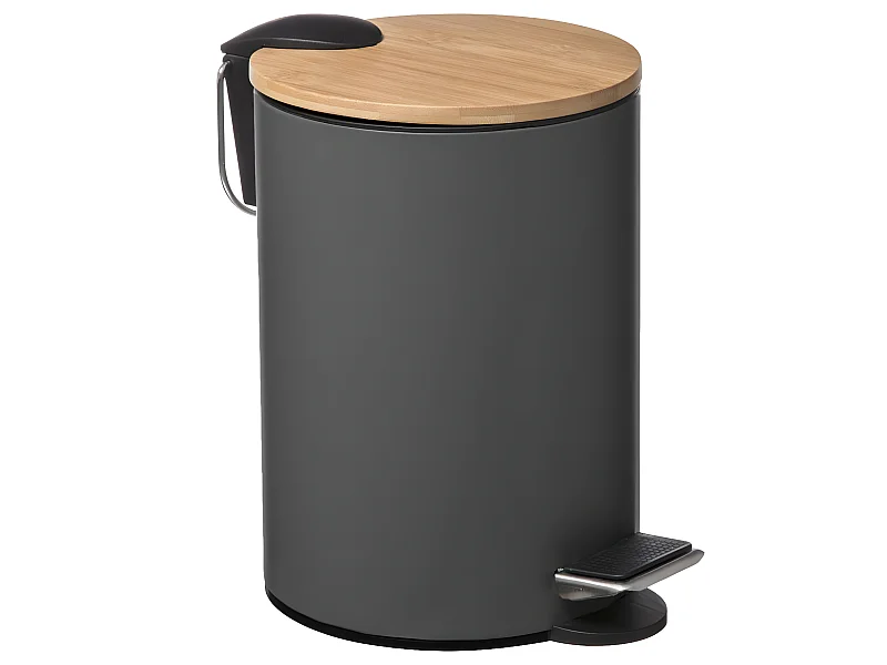 Cubo de Basura de Baño de Metal Gris y Bambú 3L con Cierre Suave y Silencioso