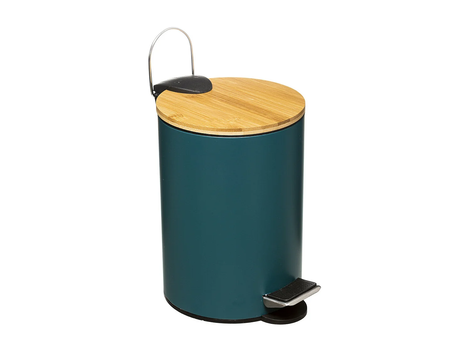 Kosz na Śmieci Łazienkowy z Metalu w Kolorze Petrolu z Pokrywką z Bambusa 3L