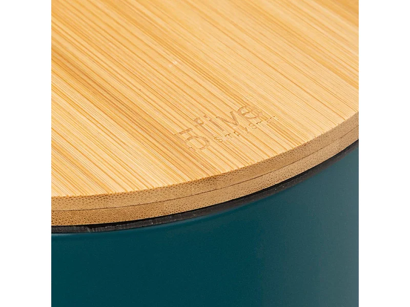 Poubelle de salle de bain en métal Bleu pétrole et couvercle en Bambou 3 L