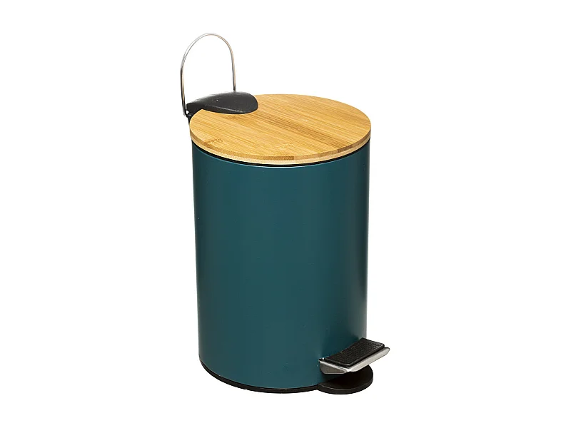 Poubelle de salle de bain en métal Bleu pétrole et couvercle en Bambou 3 L