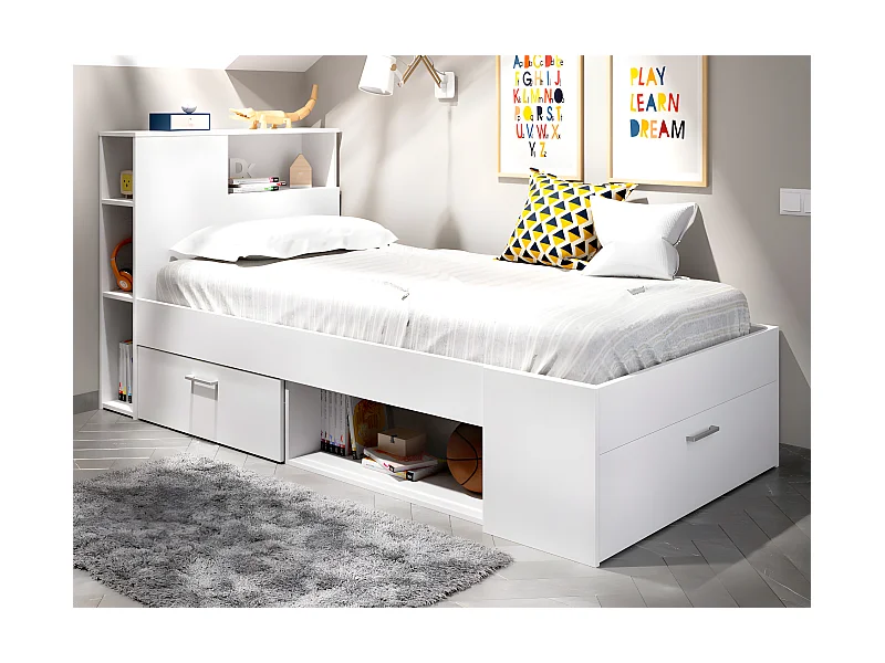 Cama con cabecero con compartimentos y cajón - 90 x 190 - blanco + Somier - LEANDRE