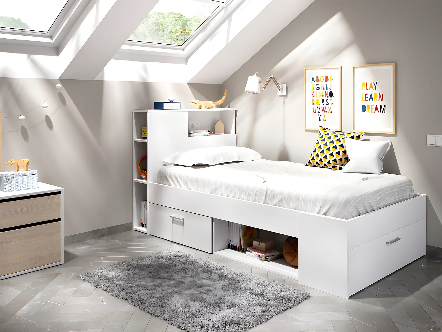 Lit avec tête de lit rangements et tiroir - 90 x 190 cm - Blanc + Sommier - LEANDRE