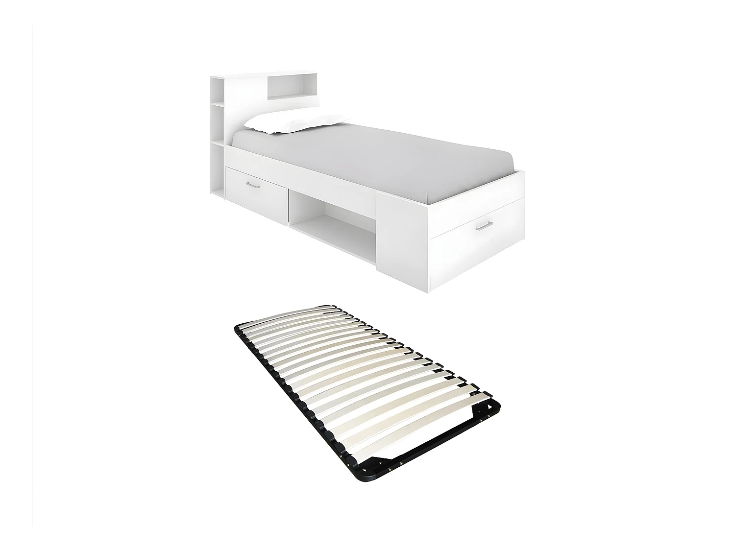 Lit avec tête de lit rangements et tiroir - 90 x 190 cm - Blanc + Sommier - LEANDRE