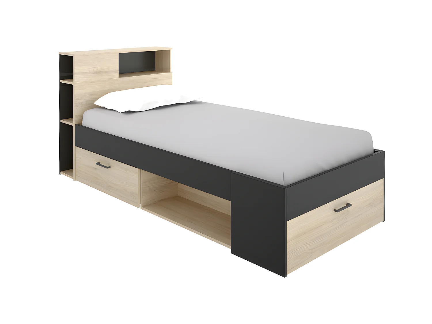 Bett mit Kopfteil, Stauraum & Schublade + Lattenrost - 90 x 190 cm - Anthrazit und Holzfarben - LEANDRE