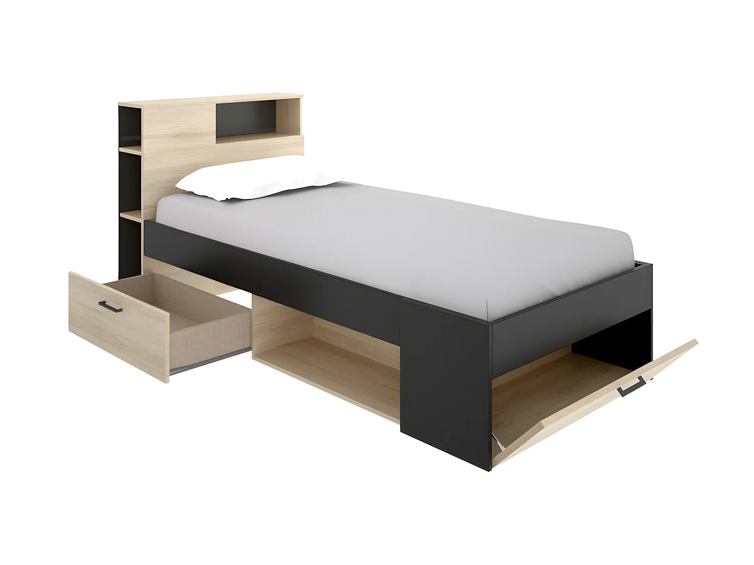 Bett mit Kopfteil, Stauraum & Schublade + Lattenrost - 90 x 190 cm - Anthrazit und Holzfarben - LEANDRE