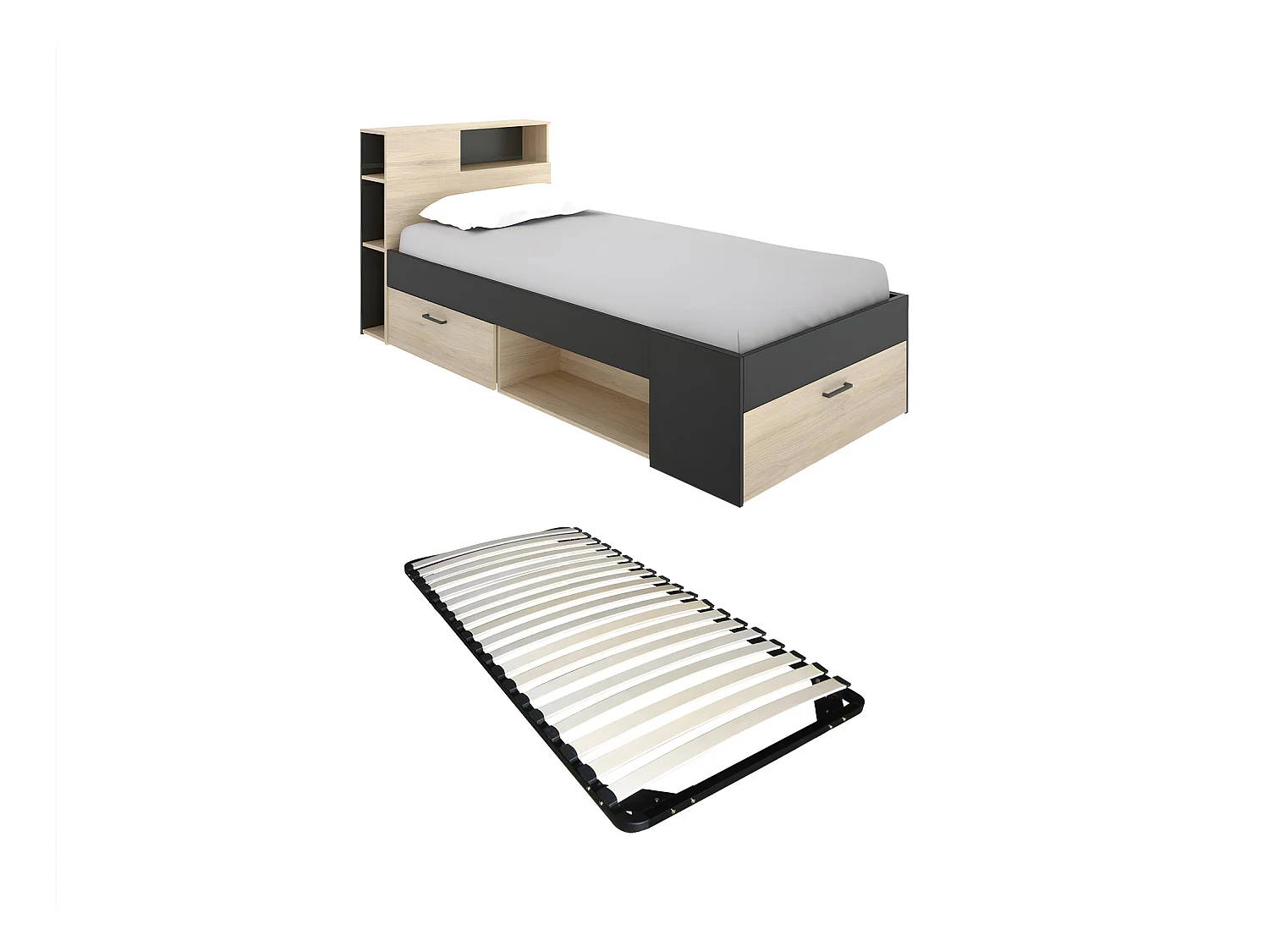 Cama con cabecero con compartimentos y cajón - 90 x 190 - Antracita y natural + Somier - LEANDRE