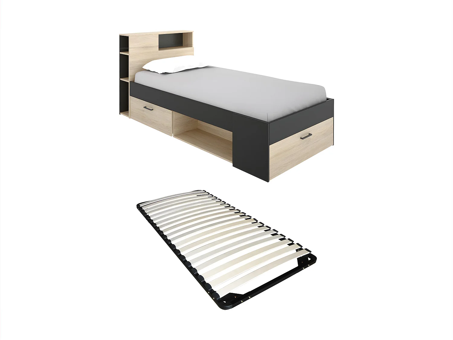 Łóżko z zagłówkiem,  ze skrzynią i szufladą - 90 x 190 cm - Antracyt i naturalny + stelaż - LEANDRE