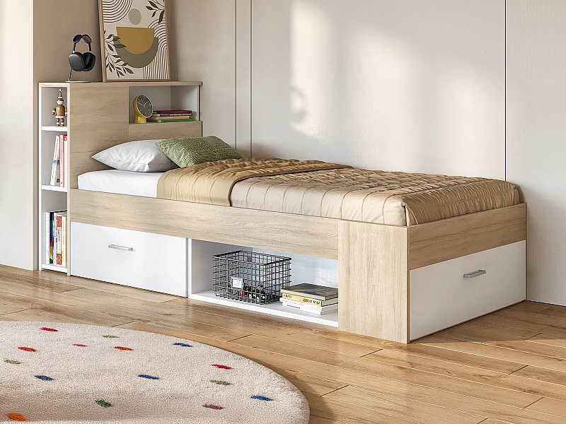 Bett mit Kopfteil, Stauraum & Schublade + Lattenrost - 90 x 190 cm - Weiß und Holzfarben - LEANDRE