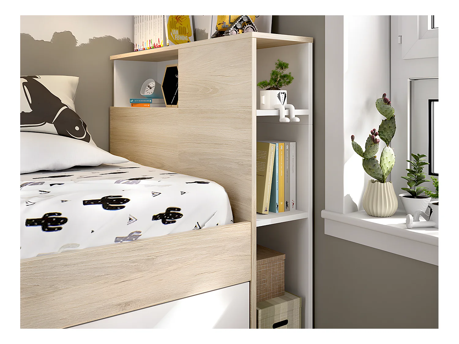 Bett mit Kopfteil, Stauraum & Schublade + Lattenrost - 90 x 190 cm - Weiß und Holzfarben - LEANDRE