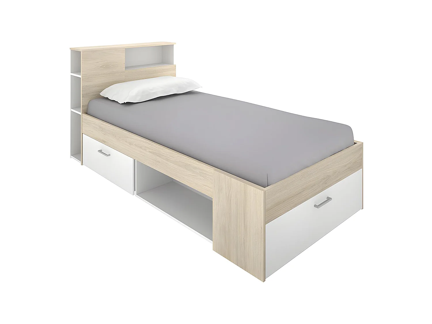Cama con cabecero con compartimentos y cajón - 90 x 190 - blanco y natural + Somier - LEANDRE