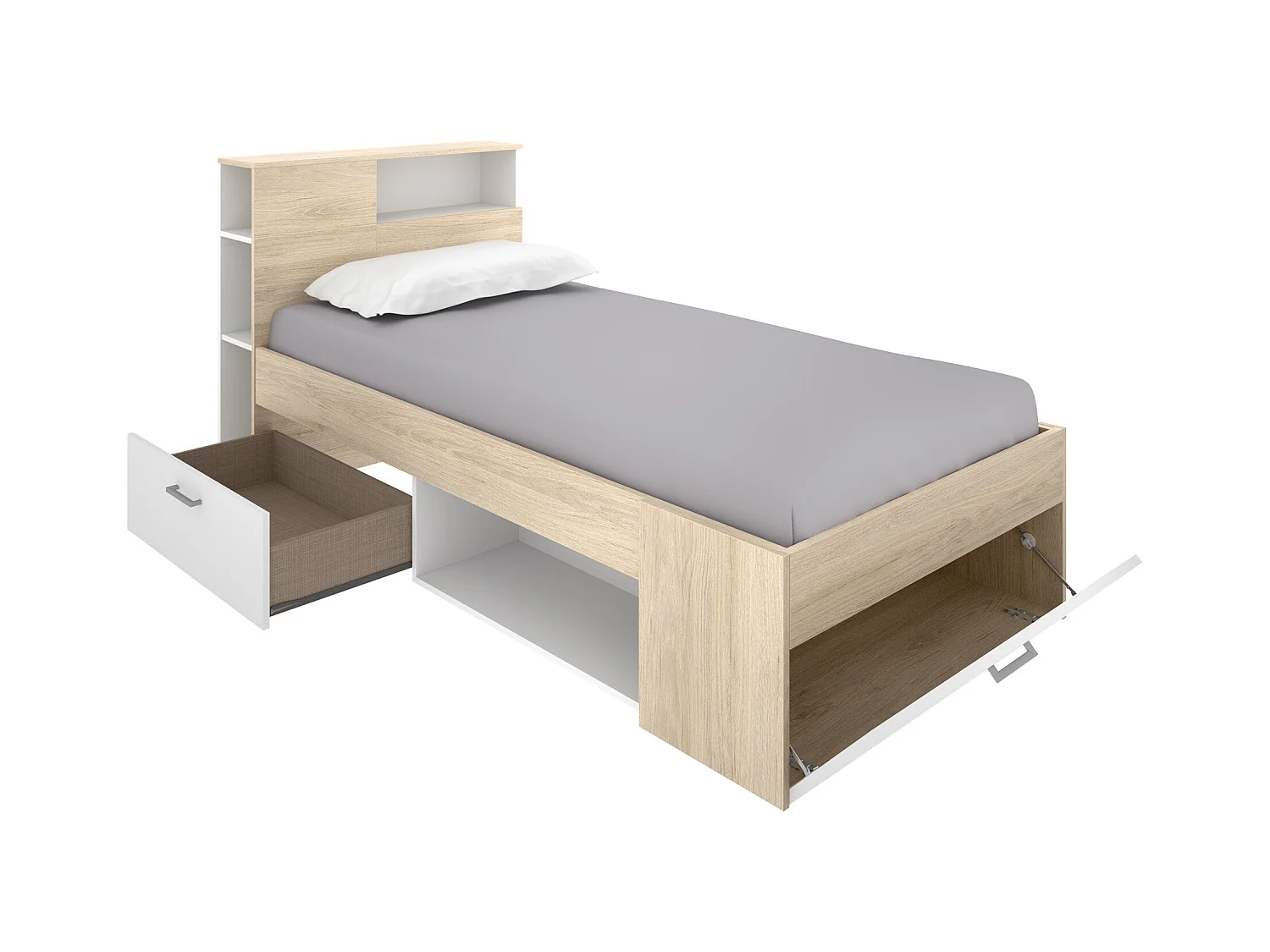 Cama con cabecero con compartimentos y cajón - 90 x 190 - blanco y natural + Somier - LEANDRE