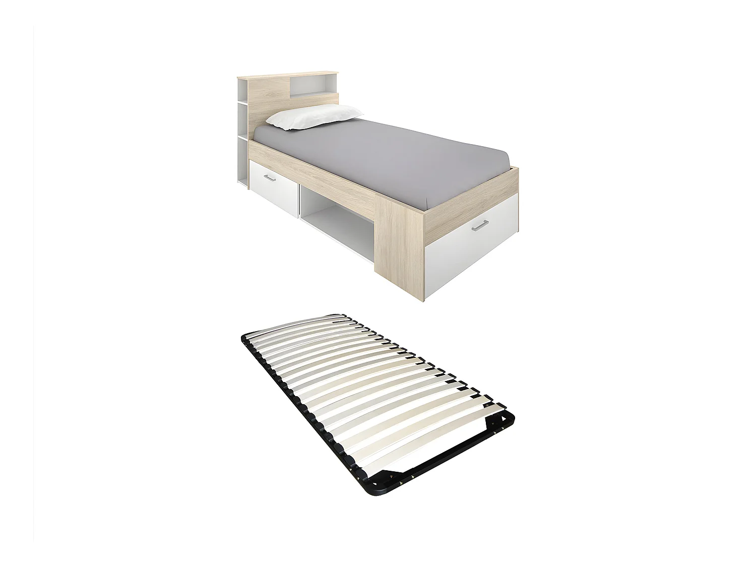Cama con cabecero con compartimentos y cajón - 90 x 190 - blanco y natural + Somier - LEANDRE