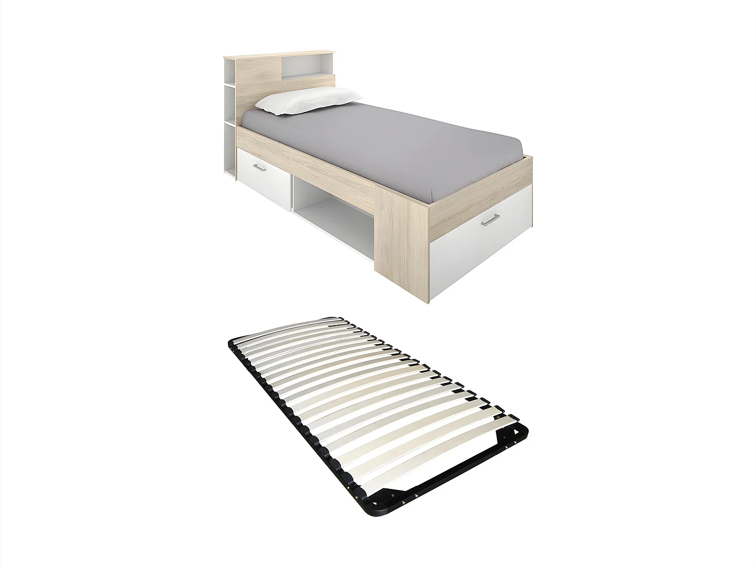 Lit avec tête de lit rangements et tiroir - 90 x 190 cm - Blanc et Naturel + Sommier - LEANDRE
