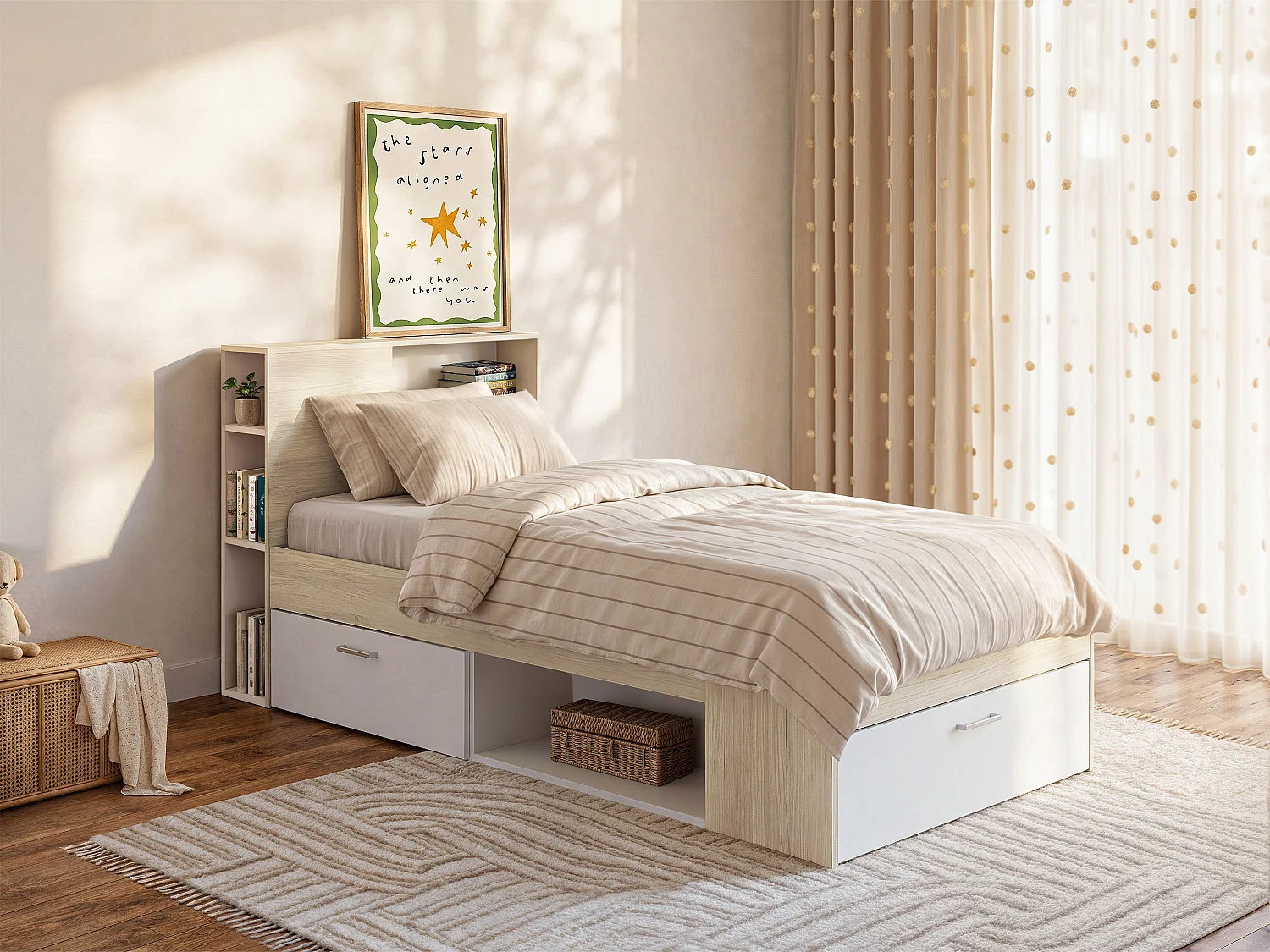 Cama con cabecero con compartimentos y cajón - 90 x 190 - blanco y natural + Somier - LEANDRE