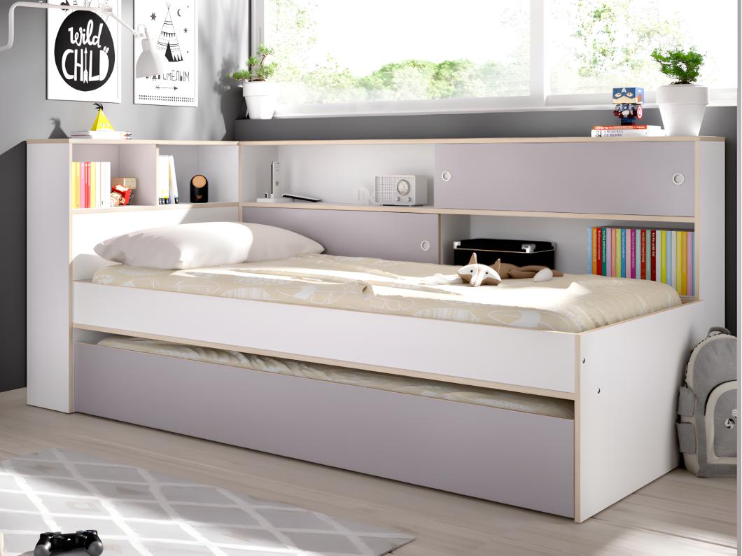 Ausziehbett mit Stauraum + Lattenrost - 90 x 200 & 90 x 190 cm - Weiß & Grau - LOSIANA